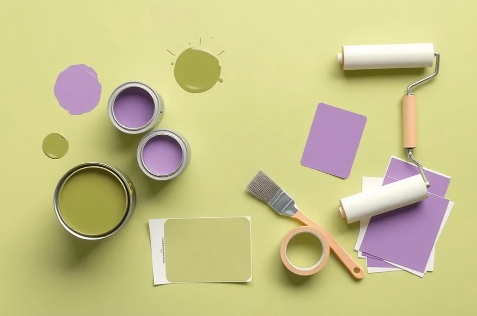 Pots de peinture, nuancier, brosses et rouleaux disposés à plat