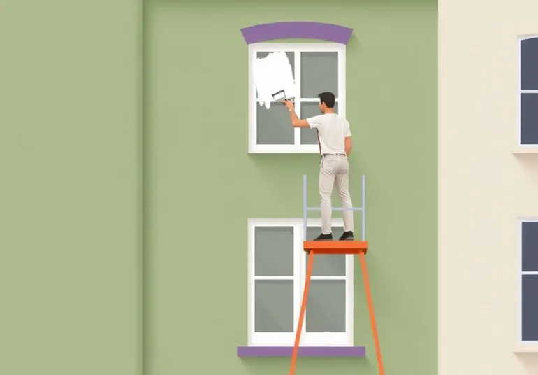 Peintre sur échafaudage traitant la façade d'une maison