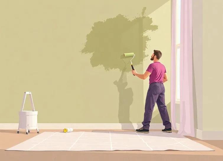 Peintre appliquant la peinture au rouleau sur un mur de salon